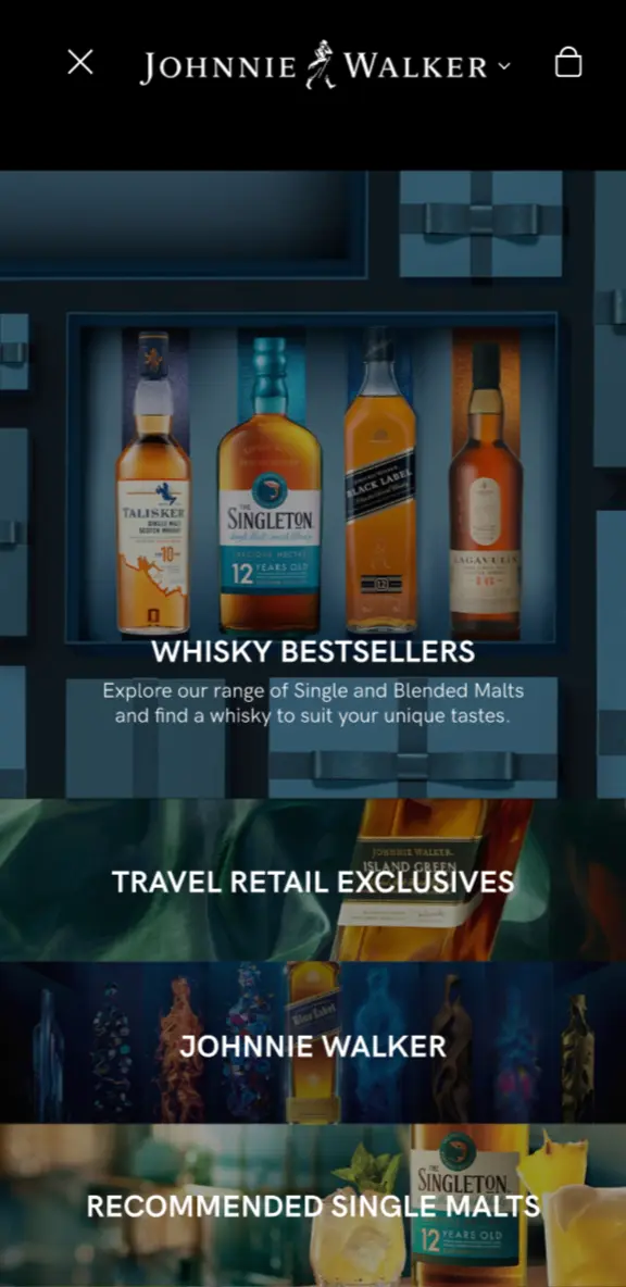 Johnnie Walker branded boutique homepage showing whisky bestsellers, travel retail exclusives, and product categories on the Inflyter marketplace.