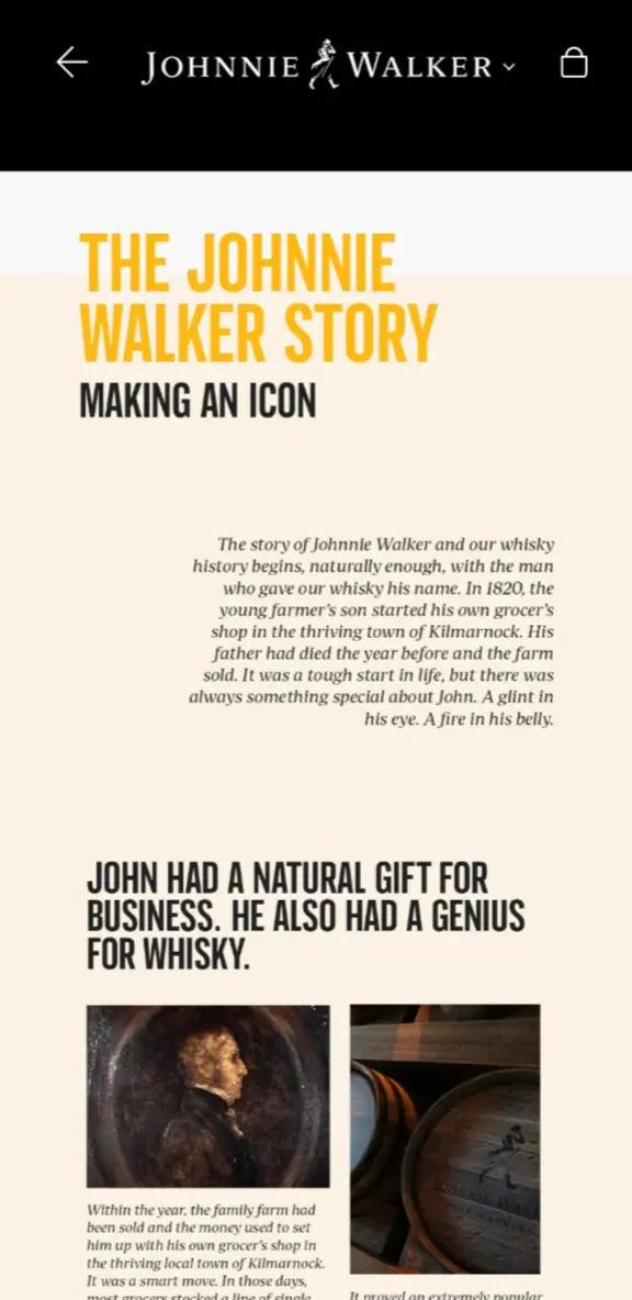 The Johnnie Walker Story brand page with heritage content and historical imagery integrated into the boutique experience.
