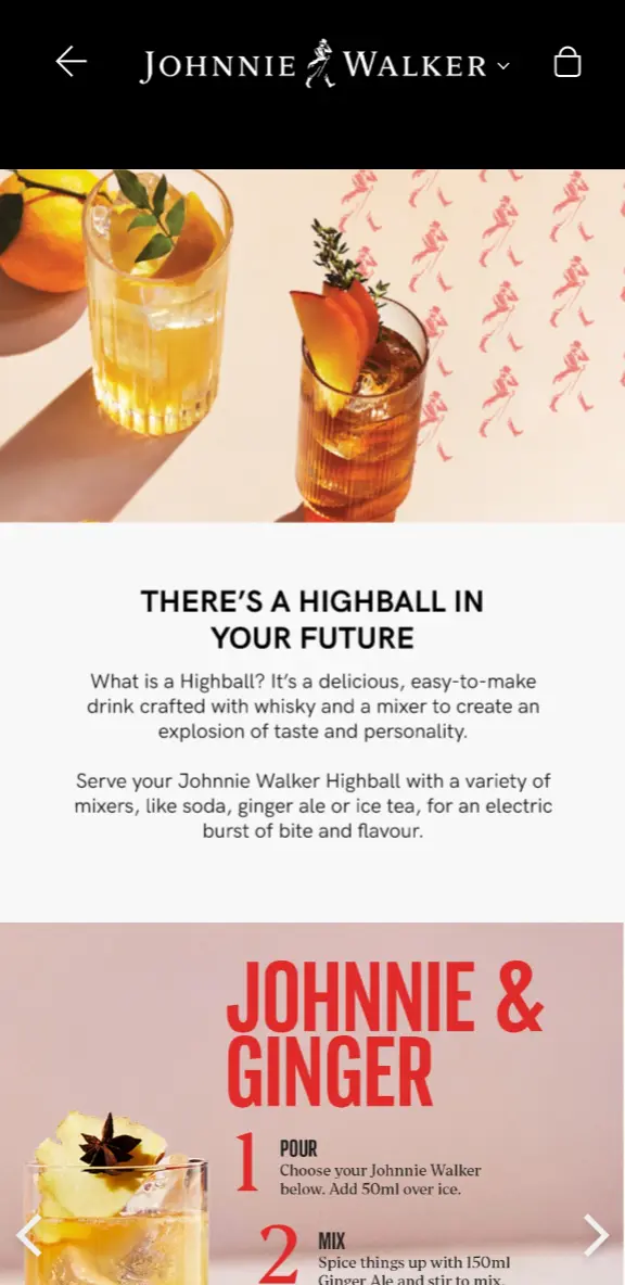 Johnnie Walker Highball cocktail guide with recipe steps and mixer suggestions within the branded boutique.