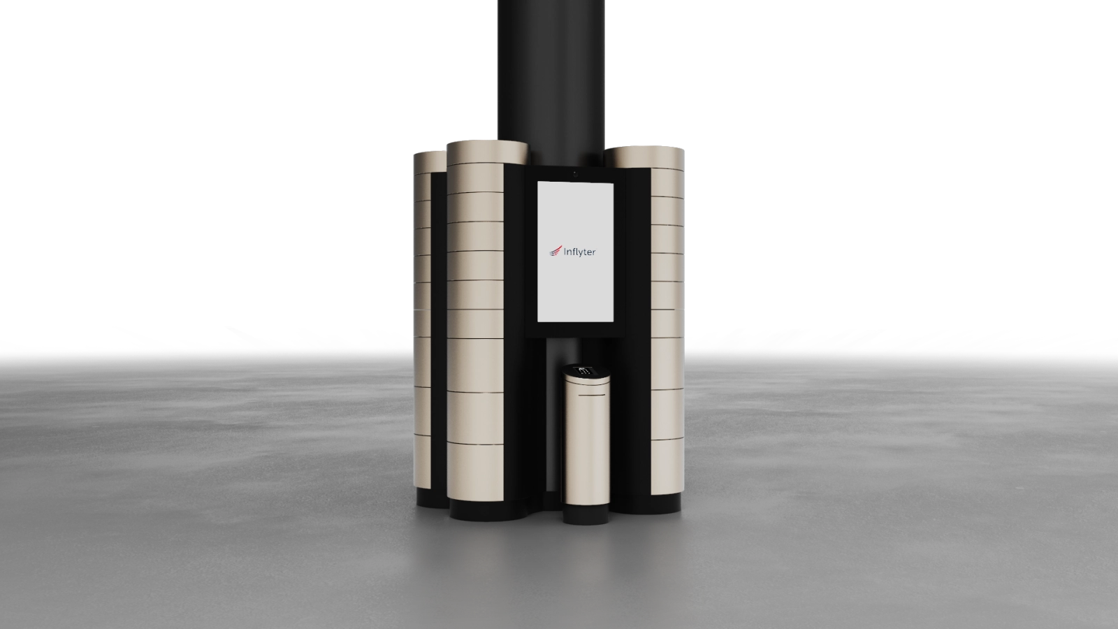 Close-up of the locker's touchscreen and surrounding cylindrical modules showing the Inflyter interface.