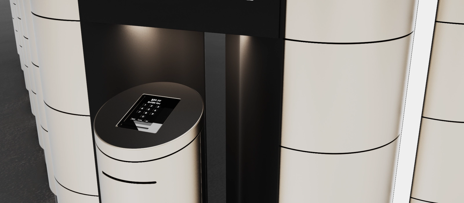 Detail of the integrated kiosk with angled PIN pad display and ambient lighting.